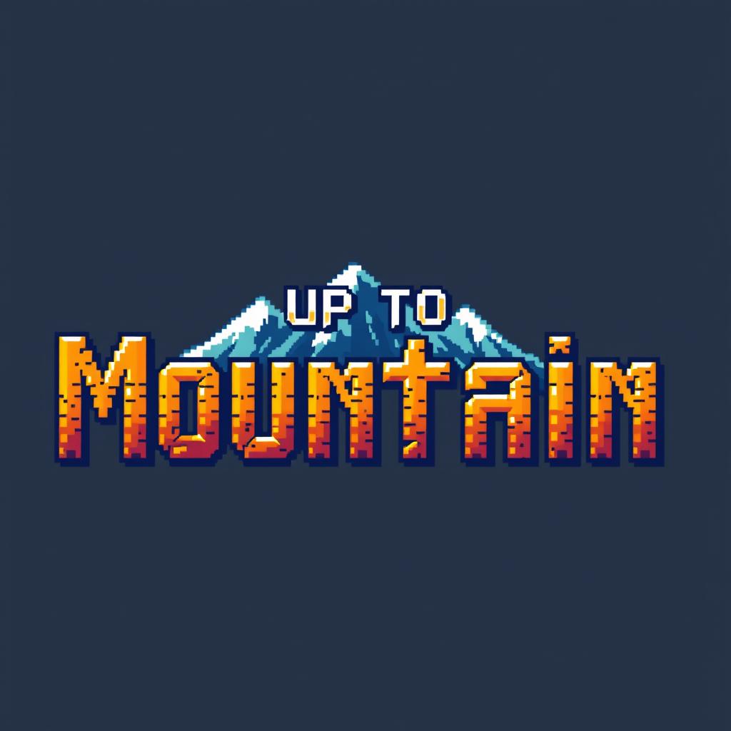 A pixel art design featuring the phrase 'Up to Mountain' written in an epic font