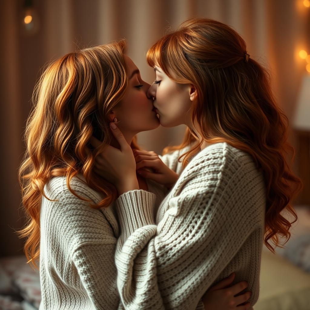 Two ginger-haired women sharing a passionate kiss, embracing each other lovingly