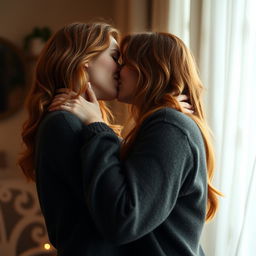 Two ginger-haired women sharing a passionate kiss, embracing each other lovingly