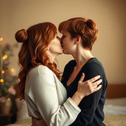 Two ginger-haired women sharing a passionate kiss, embracing each other lovingly