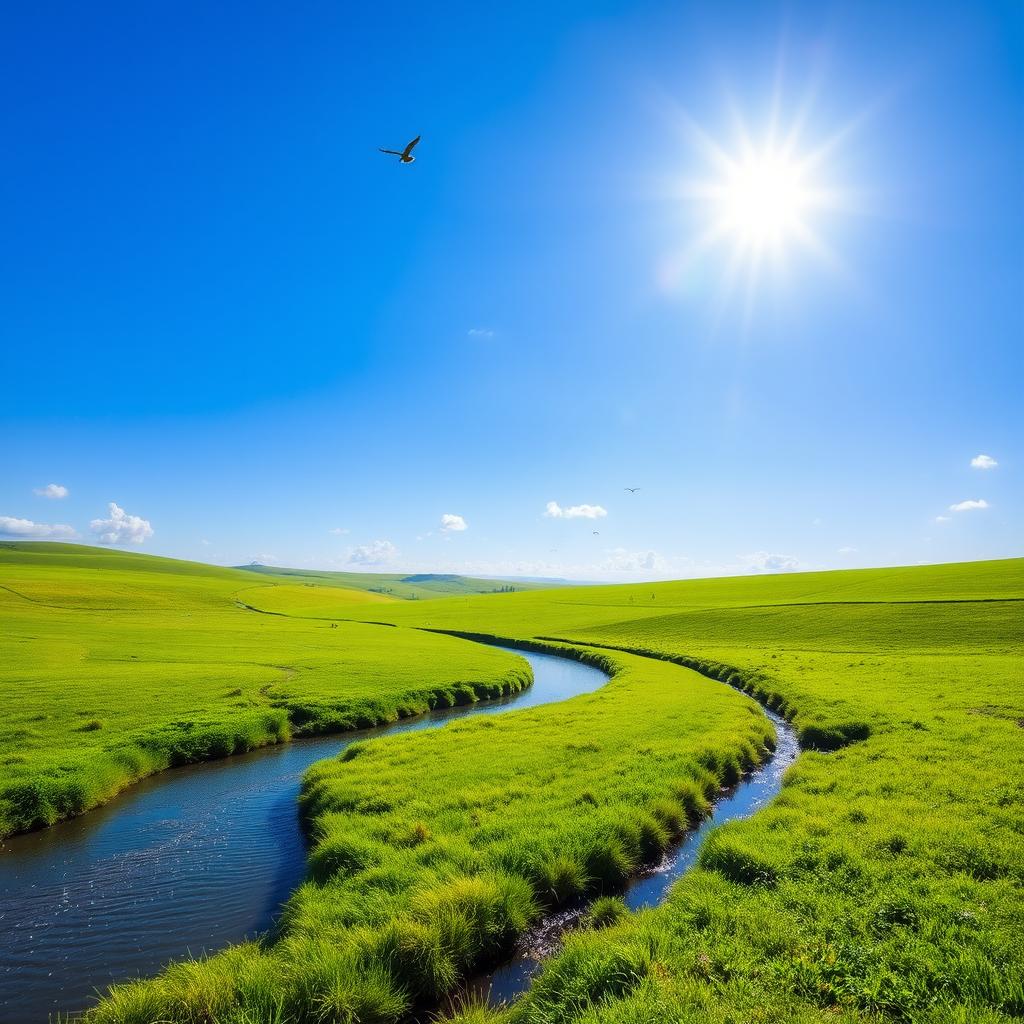 A serene landscape featuring a clear blue sky, lush green fields, and a gentle river flowing through the scene