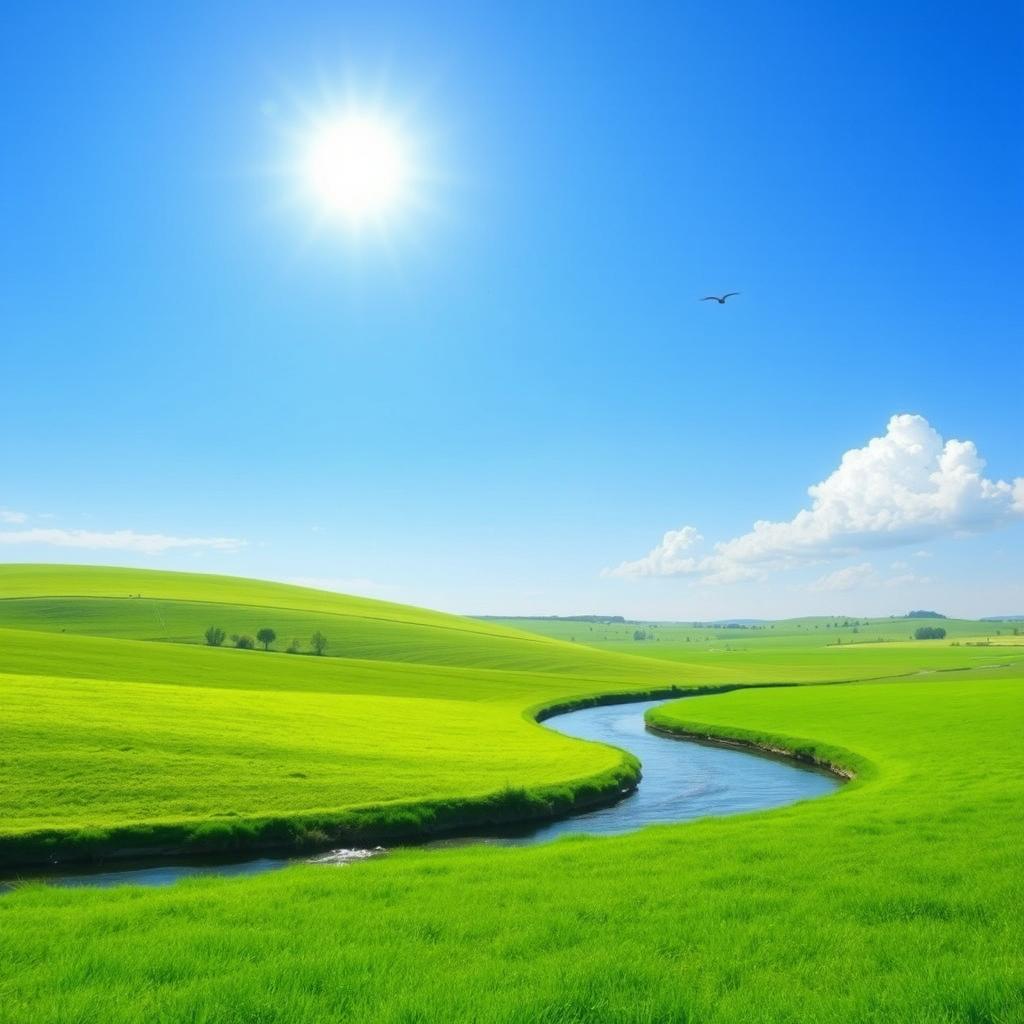 A serene landscape featuring a clear blue sky, lush green fields, and a gentle river flowing through the scene