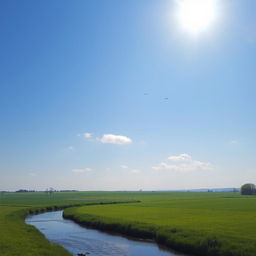 A serene landscape featuring a clear blue sky, lush green fields, and a gentle river flowing through the scene