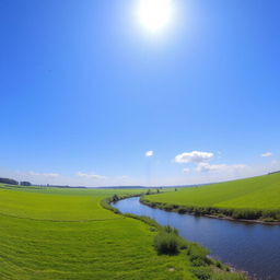 A serene landscape featuring a clear blue sky, lush green fields, and a gentle river flowing through the scene