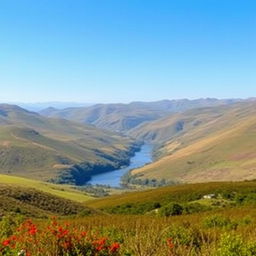 A serene landscape with rolling hills, a clear blue sky, and a peaceful river flowing through the valley