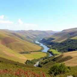 A serene landscape with rolling hills, a clear blue sky, and a peaceful river flowing through the valley