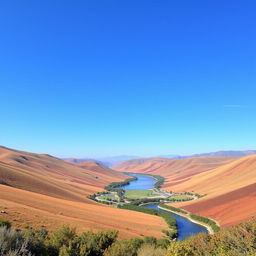 A serene landscape with rolling hills, a clear blue sky, and a peaceful river flowing through the valley