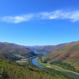 A serene landscape with rolling hills, a clear blue sky, and a peaceful river flowing through the valley