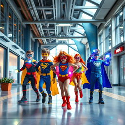 A vibrant and dynamic school for superheroes, featuring young heroes in training, wearing colorful costumes, practicing their unique powers in a modern and futuristic campus setting