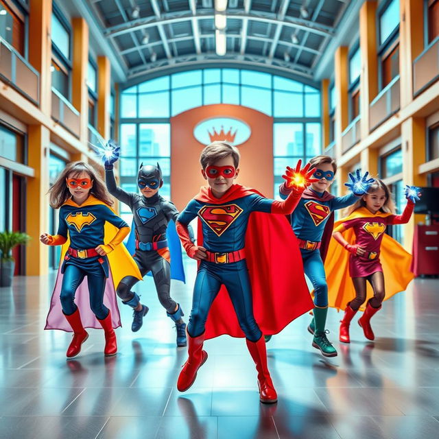 A vibrant and dynamic school for superheroes, featuring young heroes in training, wearing colorful costumes, practicing their unique powers in a modern and futuristic campus setting