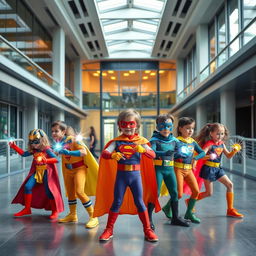 A vibrant and dynamic school for superheroes, featuring young heroes in training, wearing colorful costumes, practicing their unique powers in a modern and futuristic campus setting