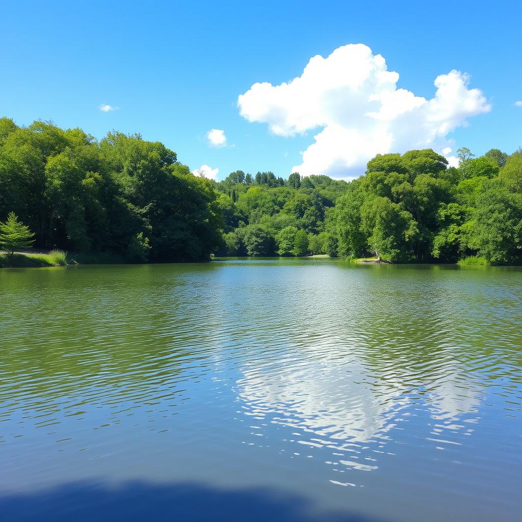 A serene landscape featuring a calm lake surrounded by lush green trees, with a clear blue sky and a few fluffy white clouds