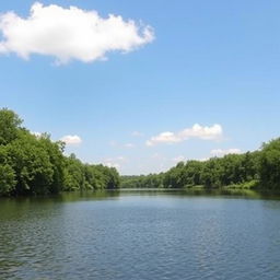 A serene landscape featuring a calm lake surrounded by lush green trees, with a clear blue sky and a few fluffy white clouds