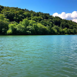 A serene landscape featuring a calm lake surrounded by lush green trees, with a clear blue sky and a few fluffy white clouds