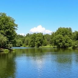 A serene landscape featuring a calm lake surrounded by lush green trees, with a clear blue sky and a few fluffy white clouds