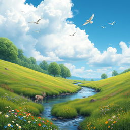 A serene landscape featuring a lush green meadow with colorful flowers, a gentle stream flowing through it, and a clear blue sky with fluffy white clouds