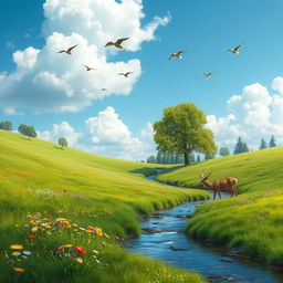 A serene landscape featuring a lush green meadow with colorful flowers, a gentle stream flowing through it, and a clear blue sky with fluffy white clouds