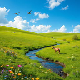 A serene landscape featuring a lush green meadow with colorful flowers, a gentle stream flowing through it, and a clear blue sky with fluffy white clouds