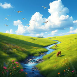 A serene landscape featuring a lush green meadow with colorful flowers, a gentle stream flowing through it, and a clear blue sky with fluffy white clouds