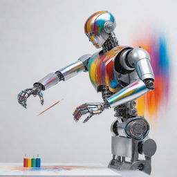 An AI robot delicately hand-painting a colorful abstract art piece against a stark white backdrop. Metallic sheen reflects light from the robot's streamlined form.