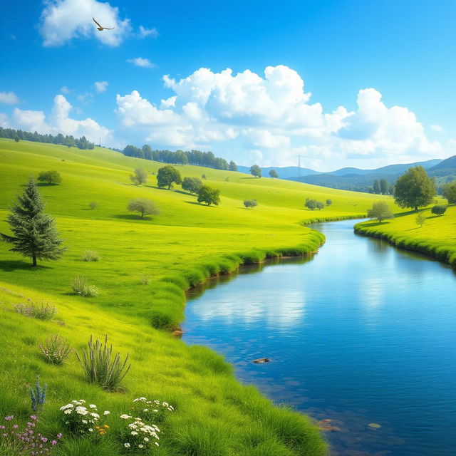 Create an image of a serene landscape with a clear blue sky, lush green meadows, and a calm river flowing through it