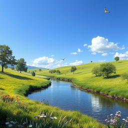 Create an image of a serene landscape with a clear blue sky, lush green meadows, and a calm river flowing through it