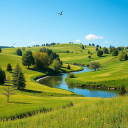 Create an image of a serene landscape with a clear blue sky, lush green meadows, and a calm river flowing through it