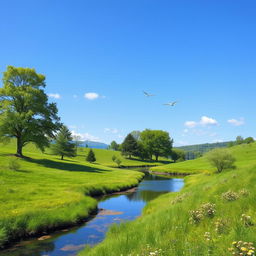 Create an image of a serene landscape with a clear blue sky, lush green meadows, and a calm river flowing through it