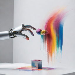 An AI robot delicately hand-painting a colorful abstract art piece against a stark white backdrop. Metallic sheen reflects light from the robot's streamlined form.