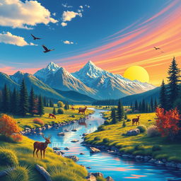 Create an image that is vibrant and colorful, featuring a serene landscape with mountains, a river, and a clear blue sky