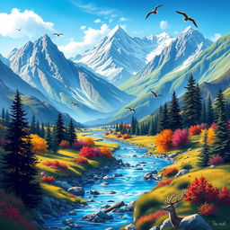 Create an image that is vibrant and colorful, featuring a serene landscape with mountains, a river, and a clear blue sky