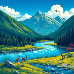 Create an image that is vibrant and colorful, featuring a serene landscape with mountains, a river, and a clear blue sky