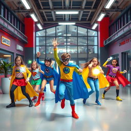 A vibrant and dynamic school for teenage superheroes, featuring young heroes in training, wearing colorful costumes, practicing their unique powers in a modern and futuristic campus setting