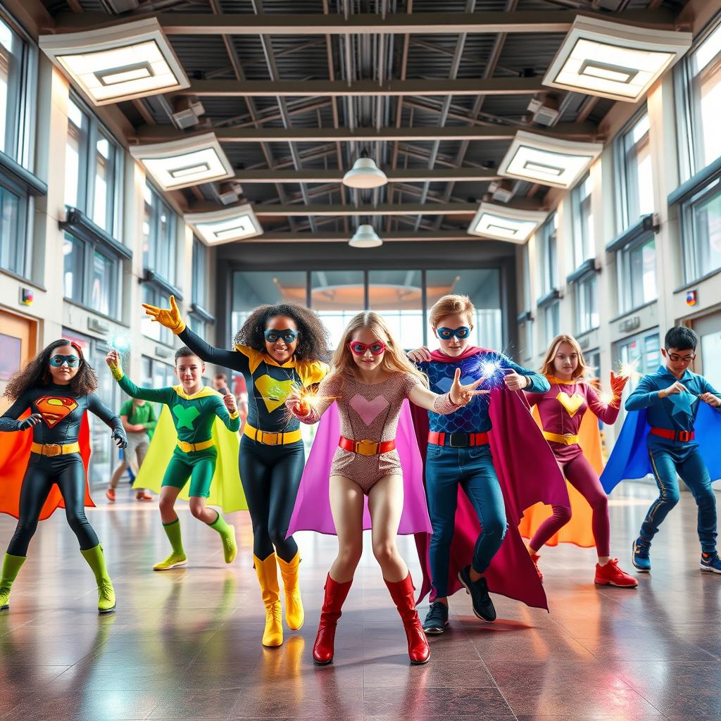 A vibrant and dynamic school for teenage superheroes, featuring young heroes in training, wearing colorful costumes, practicing their unique powers in a modern and futuristic campus setting