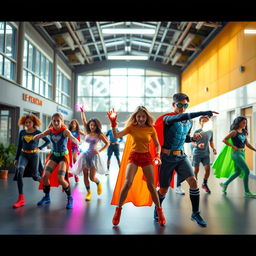 A vibrant and dynamic school for teenage superheroes, featuring young heroes in training, wearing colorful costumes, practicing their unique powers in a modern and futuristic campus setting