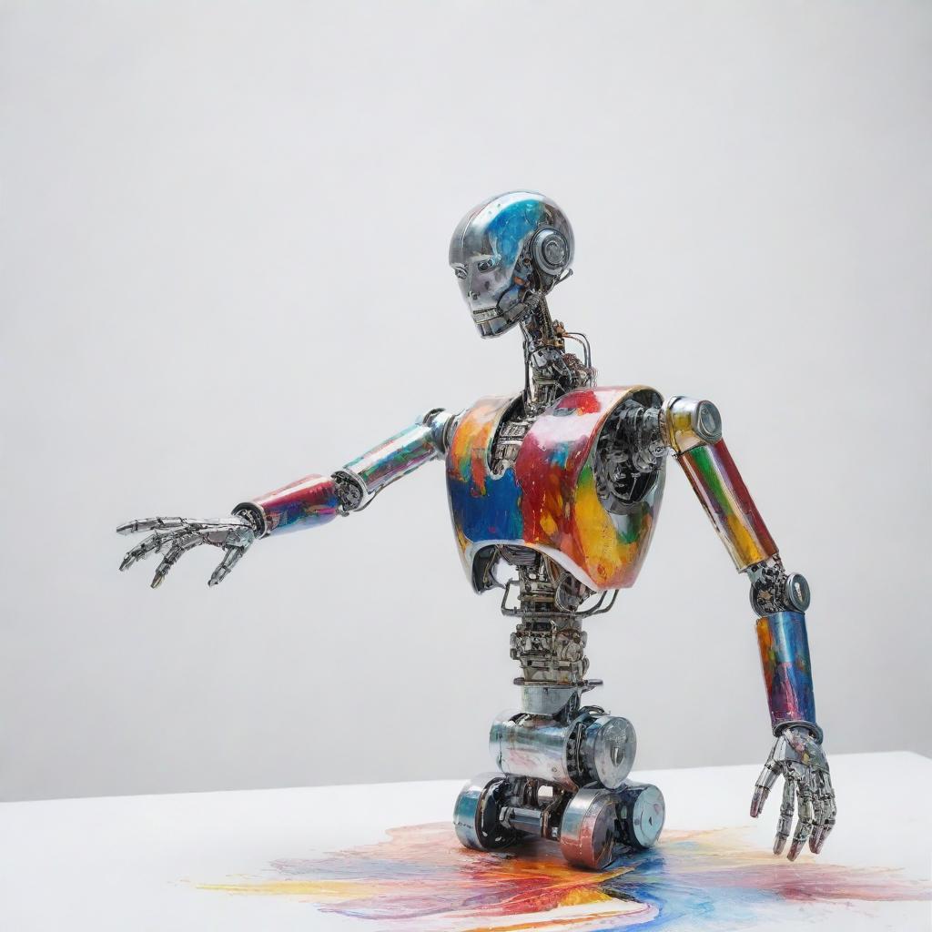 An AI robot delicately hand-painting a colorful abstract art piece against a stark white backdrop. Metallic sheen reflects light from the robot's streamlined form.