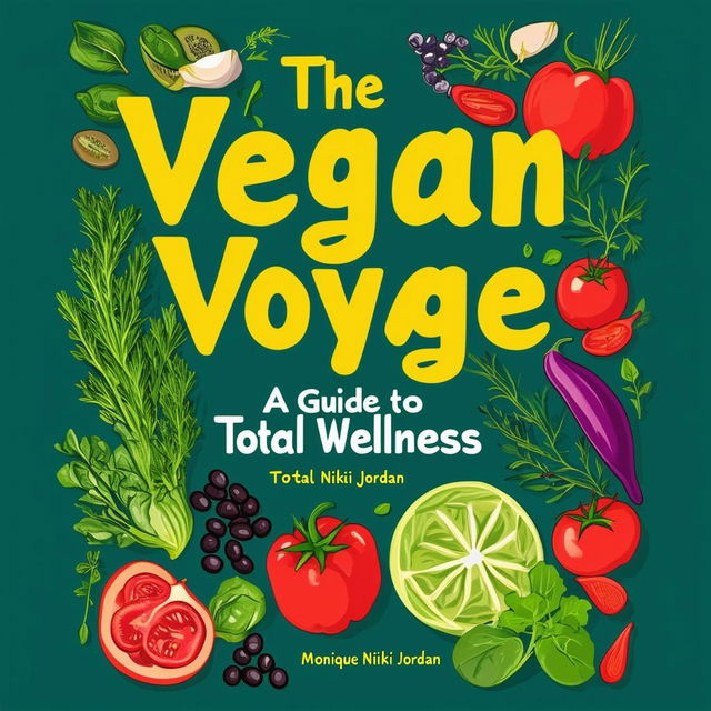 Create a vibrant and inviting printable cookbook cover titled 'The Vegan Voyage: A Guide to Total Wellness' by Monique Nikki Jordan, featuring fresh, natural colors, illustrations of vegetables, fruits, herbs, black beans, and chickpeas, and a clean, modern design