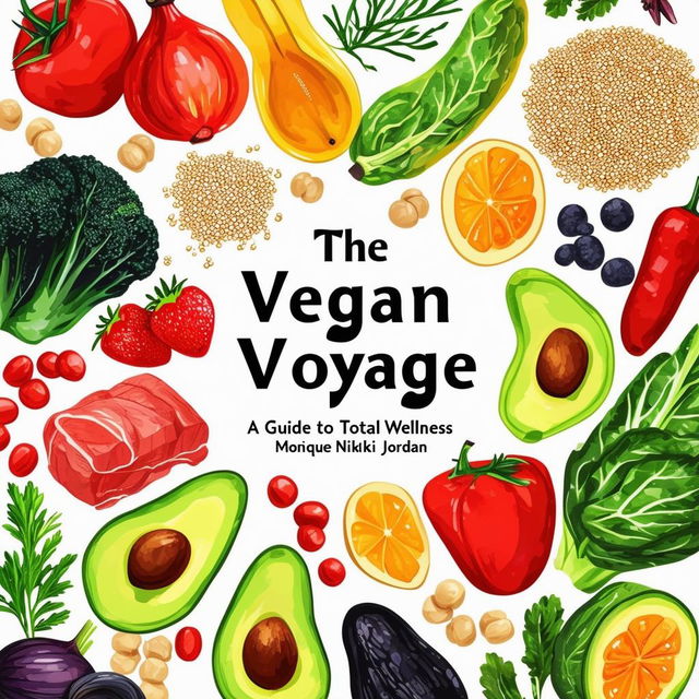 Create a vibrant and inviting printable cookbook cover titled 'The Vegan Voyage: A Guide to Total Wellness' by Monique Nikki Jordan, featuring fresh, natural colors, illustrations of vegetables, fruits, herbs, black beans, chickpeas, quinoa, avocados, strawberries, bananas, rice, and other vegan items, with a clean, modern design