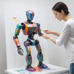 An AI robot delicately hand-painting a colorful abstract art piece against a stark white backdrop. Metallic sheen reflects light from the robot's streamlined form.