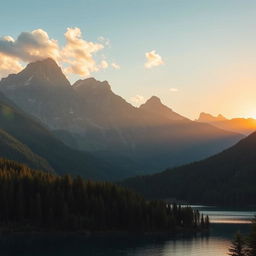 A beautiful landscape featuring a serene lake surrounded by lush green forests and majestic mountains in the background