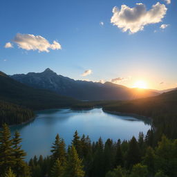 A beautiful landscape featuring a serene lake surrounded by lush green forests and majestic mountains in the background