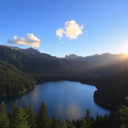 A beautiful landscape featuring a serene lake surrounded by lush green forests and majestic mountains in the background