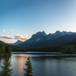 A beautiful landscape featuring a serene lake surrounded by lush green forests and majestic mountains in the background