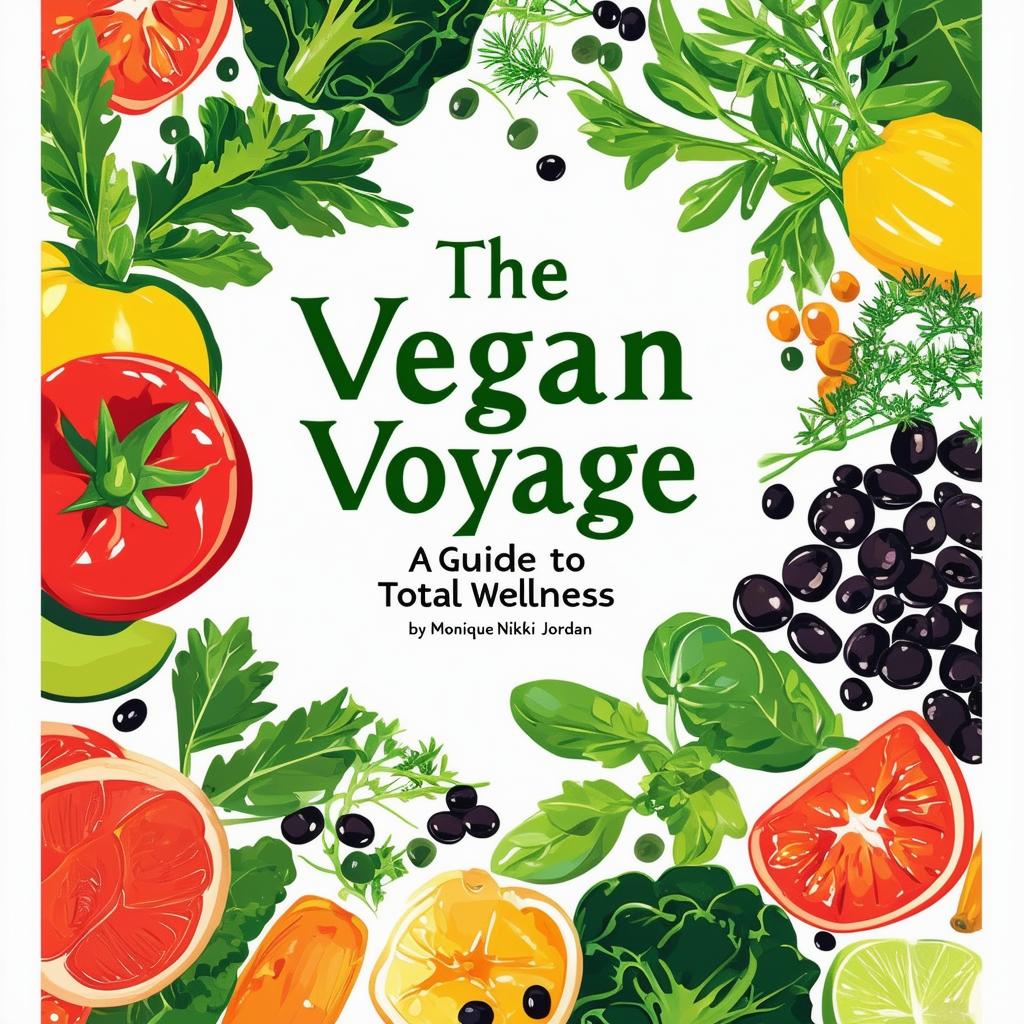 Create a vibrant and inviting printable cookbook cover titled 'The Vegan Voyage: A Guide to Total Wellness' by Monique Nikki Jordan, featuring fresh, natural colors, illustrations of vegetables, fruits, herbs, black beans, and chickpeas, with a clean, modern design