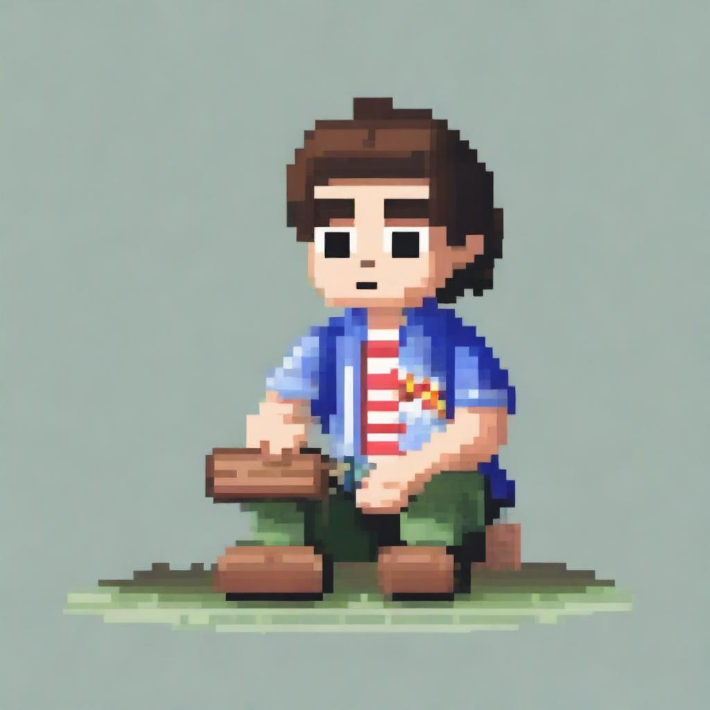 Create a pixel art image of a young man wearing a Hawaiian shirt, sitting on the ground, holding a saw in his hands