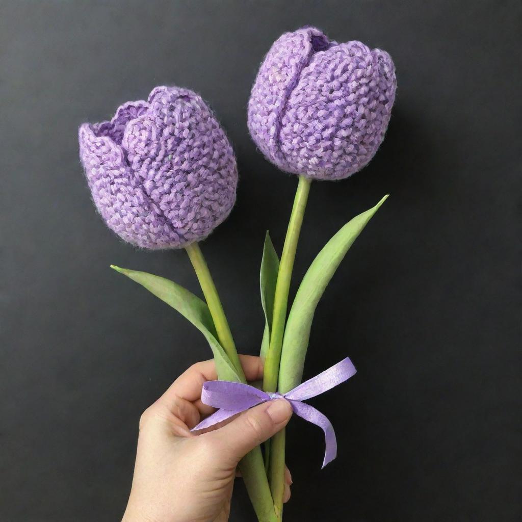 Three crochet tulips in pastel purple color, beautifully wrapped in dark purple