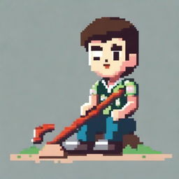 Create a pixel art image of a young man wearing a Hawaiian shirt, sitting on the ground, holding a saw in his hands