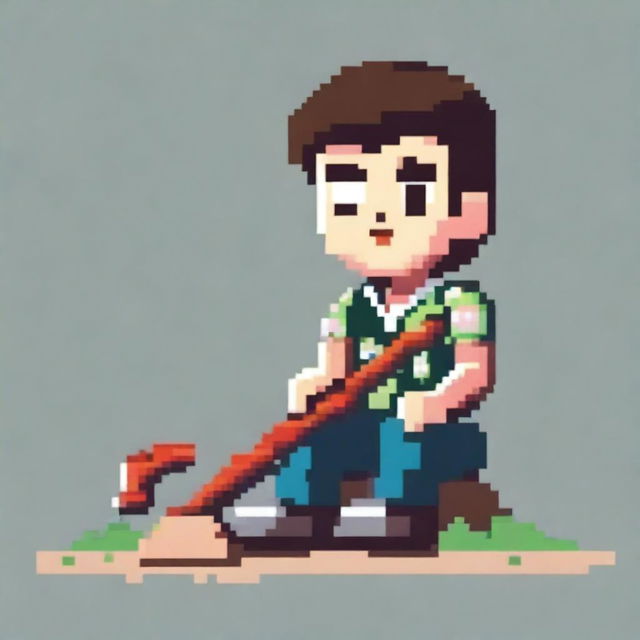 Create a pixel art image of a young man wearing a Hawaiian shirt, sitting on the ground, holding a saw in his hands