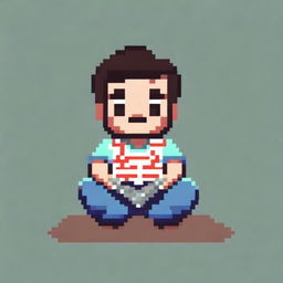 Create a pixel art image of a young man wearing a Hawaiian shirt, sitting on the ground, holding a saw in his hands