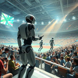 A futuristic scene depicting the Cyborg Olympics, where advanced humanoid robots compete in various athletic events in a high-tech stadium